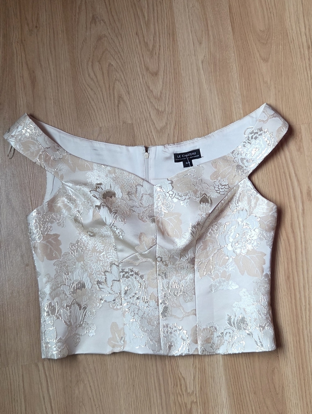 Le Chateau Off-Shoulder Floral Jacquard Crop Top in Champagne